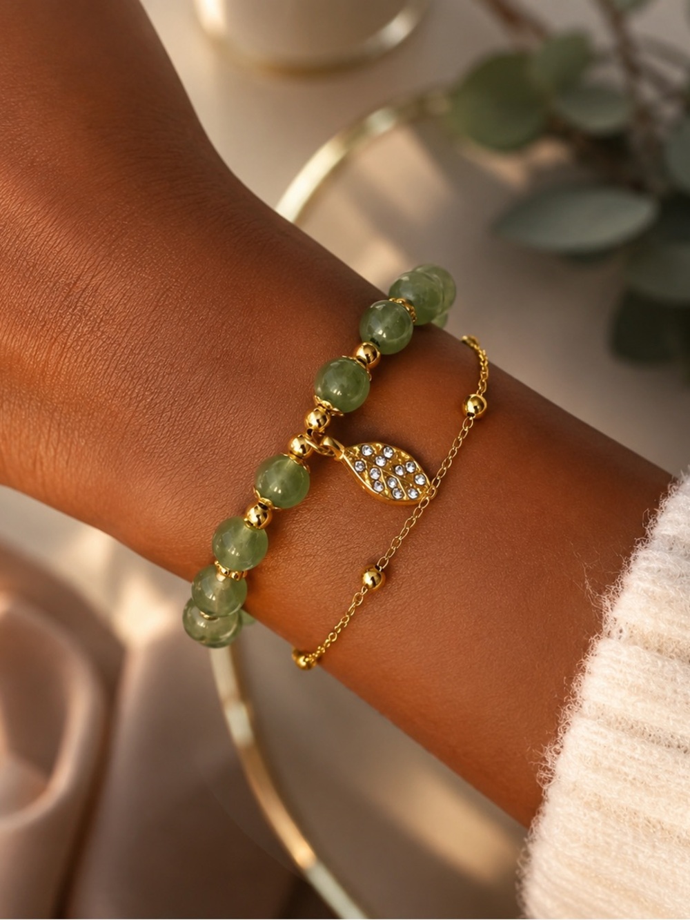 Anthropologie Gold & Green Beaded Leaf Charm Bracelet